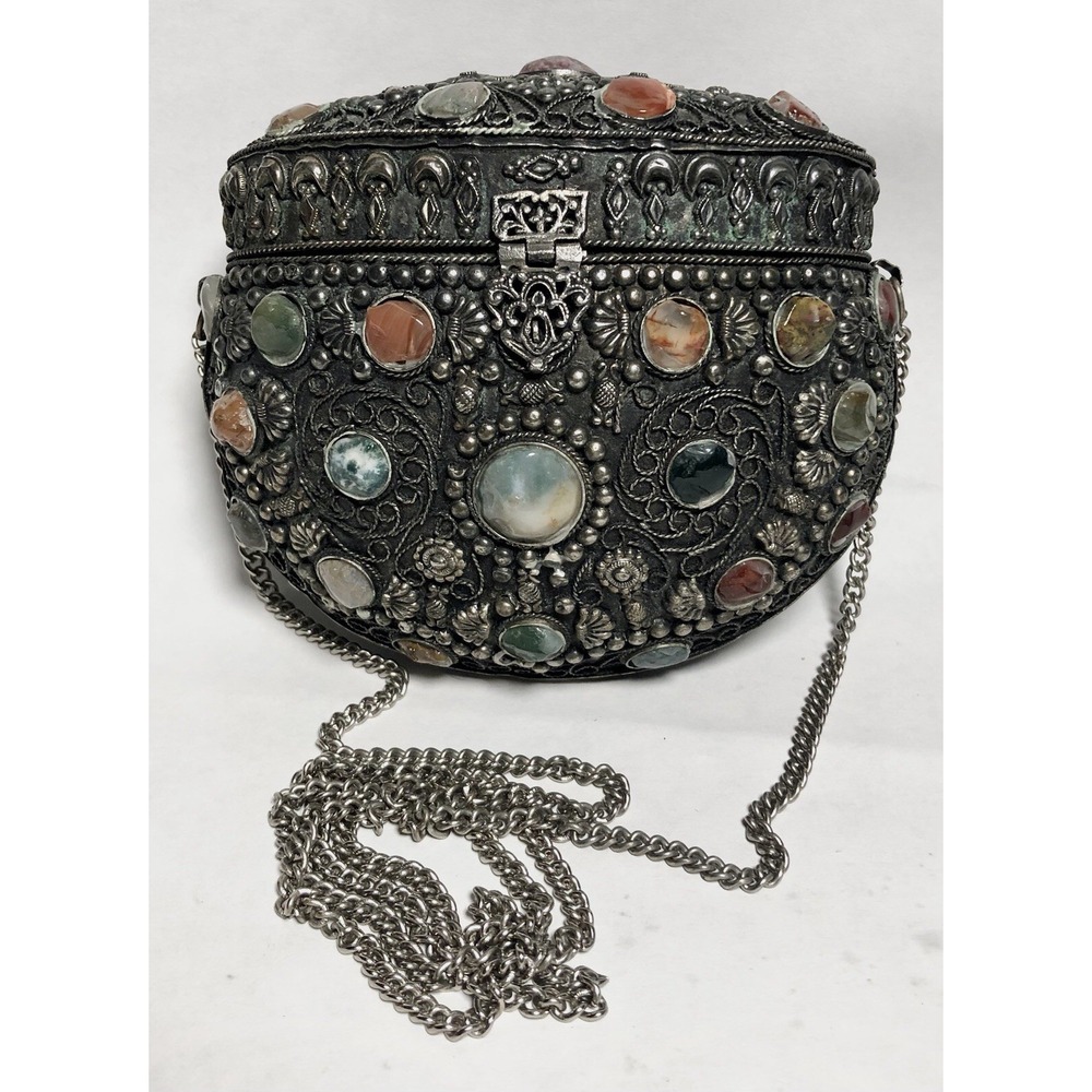 Vintage Boho Gemstone Metal Bag India Kuchi Tribal Clutch Purse Crossbody